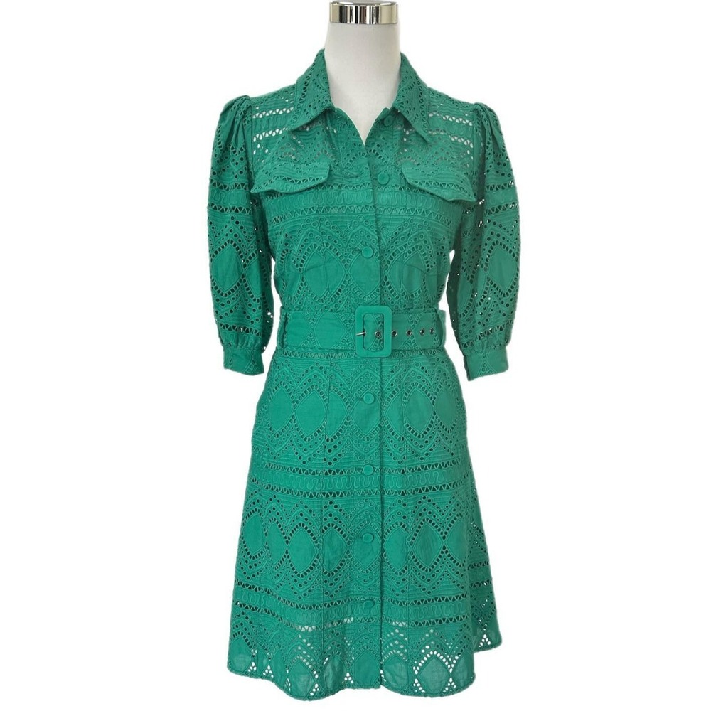 Diane Von Furstenberg  Britney Belted Cotton Eyelet Dress Green Sz 2 $658